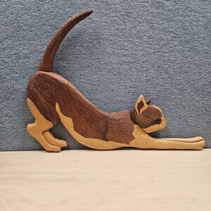 Hand-Made Intarsia Natural Wood Art Stretching Cat Wall Hanging Mosaic Sculpture